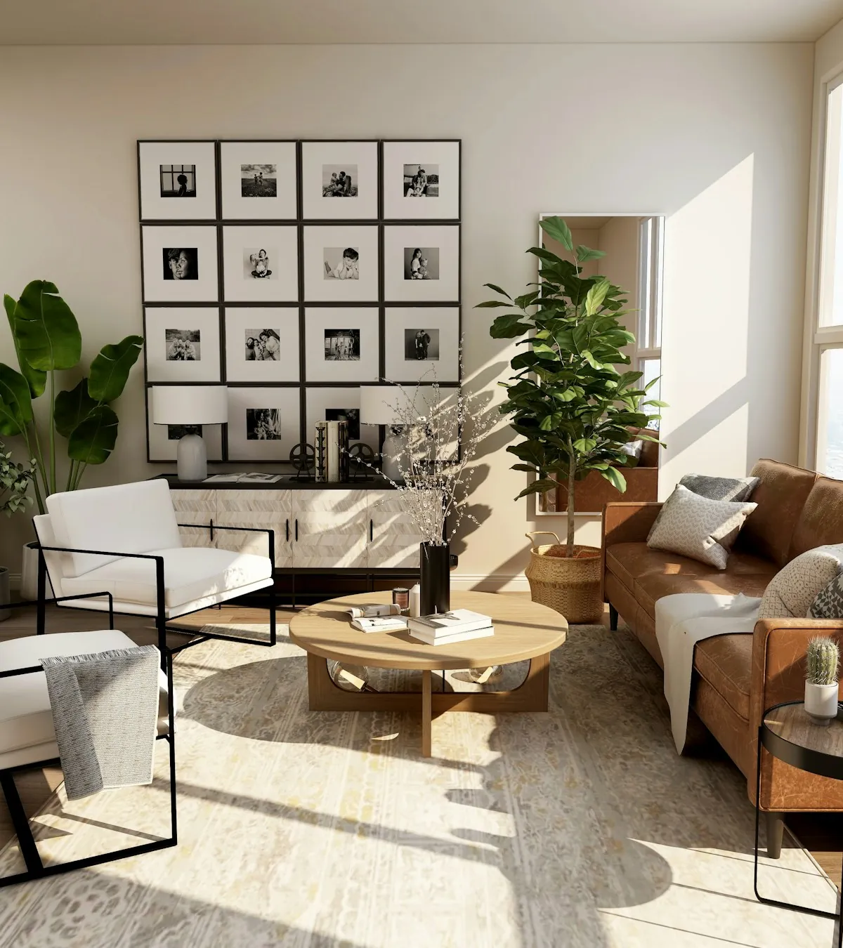 Sunlit living room with a neutral sofa, natural wood and leafy plants